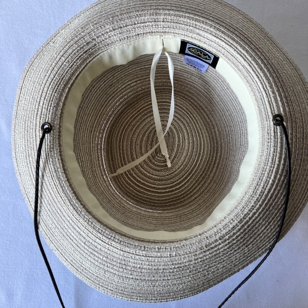 *FIRM PRICE* Scala gray and tan woven hat with leather strap and drawstring inte - Picture 9 of 15